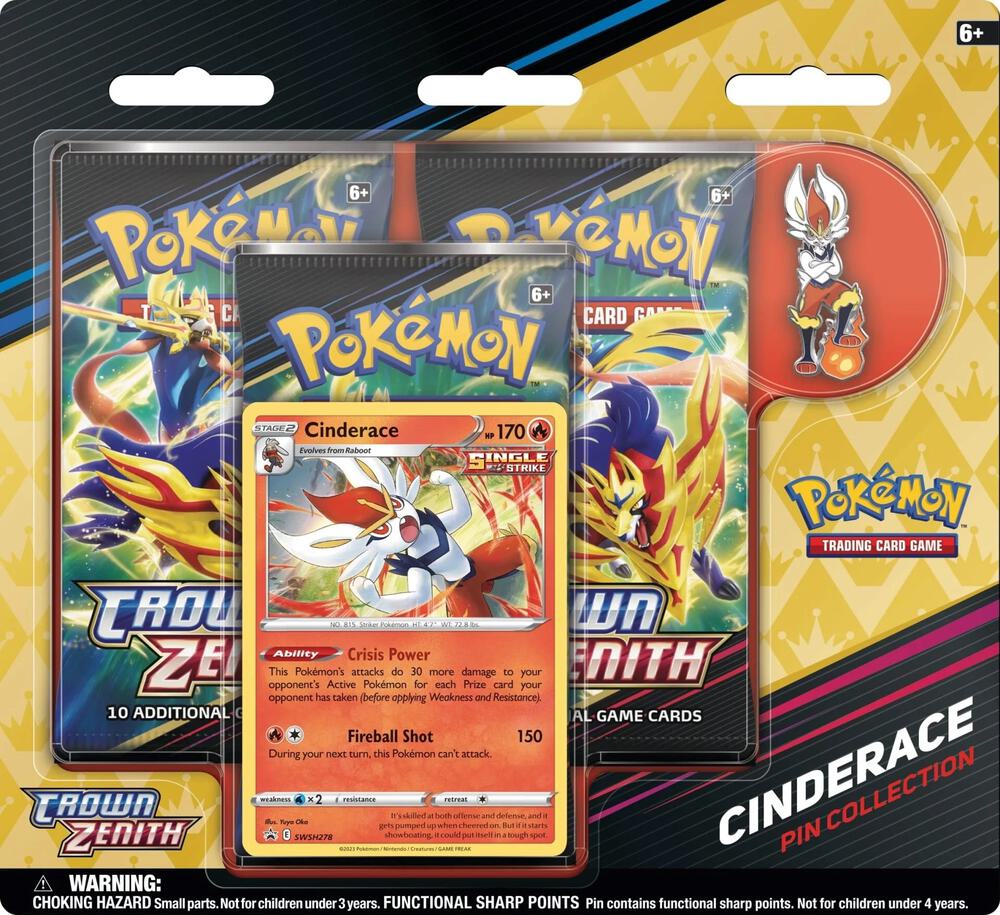 Pokemon TCG Crown Zenith Pin Collection Cinderace 3 Pack Blister SWSH12.5 with pin and promo card
