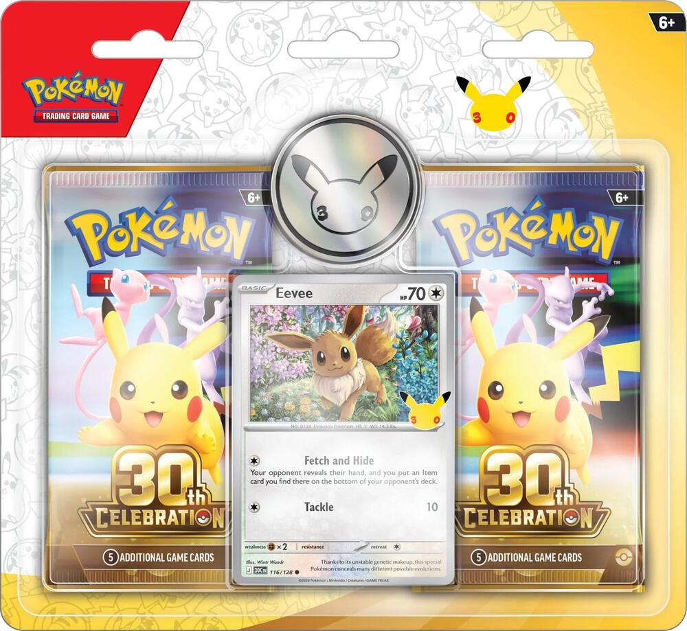 Pokemon TCG 30th Celebration 2-Pack Blister with a foil Eevee promo card and two sealed 30th Celebration booster packs