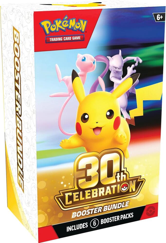 Pokemon TCG 30th Celebration Booster Bundle with 6 sealed booster packs, each holding a foil Pikachu illustration
