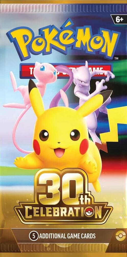 Pokemon TCG 30th Celebration Booster Pack — 5 foil cards including one of 30 Pikachu, foil Basic Energy and Pokemon TCG Live code card, Mega Evolution era, sealed