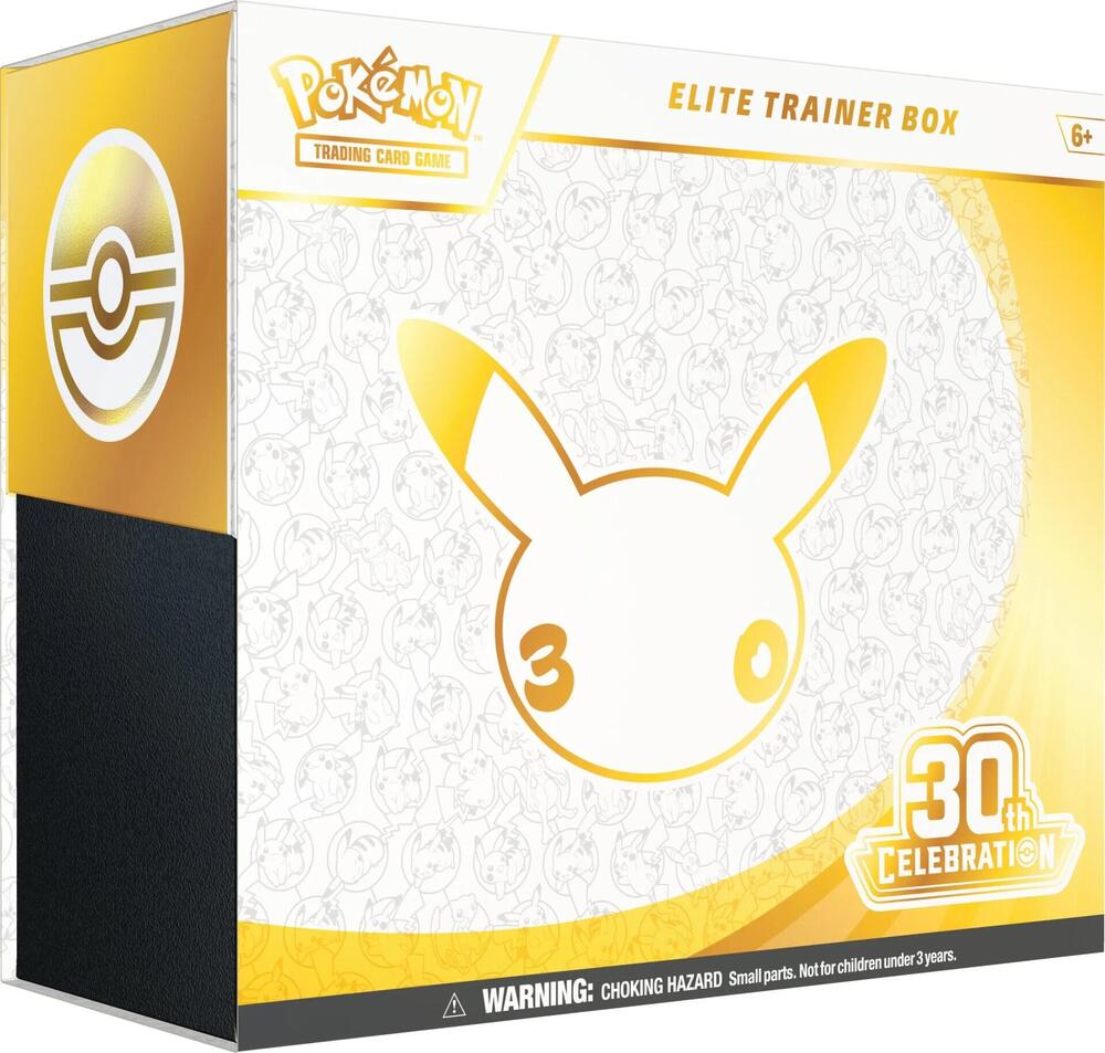 Pokemon TCG 30th Celebration Elite Trainer Box with booster packs, a Nidorina promo card and Pikachu-illustrated accessories