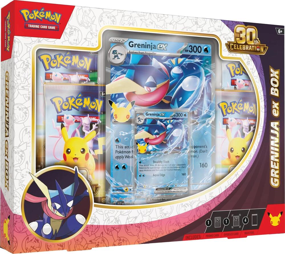 Pokemon TCG 30th Celebration Greninja ex Box with a foil Greninja ex card and sealed 30th Celebration booster packs