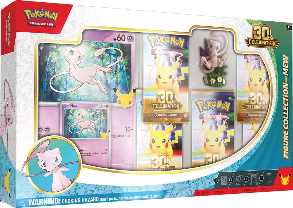 Pokemon TCG 30th Celebration Mew Figure Collection with a collectible Mew figure and sealed 30th Celebration booster packs