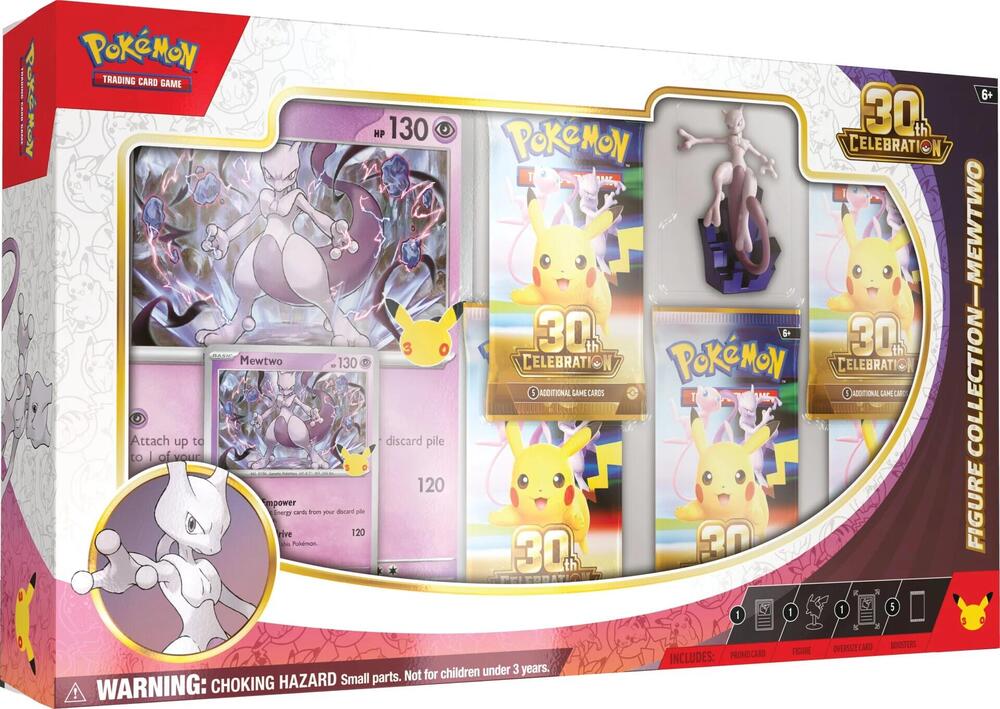 Pokemon TCG 30th Celebration Mewtwo Figure Collection with a collectible Mewtwo figure and sealed 30th booster packs