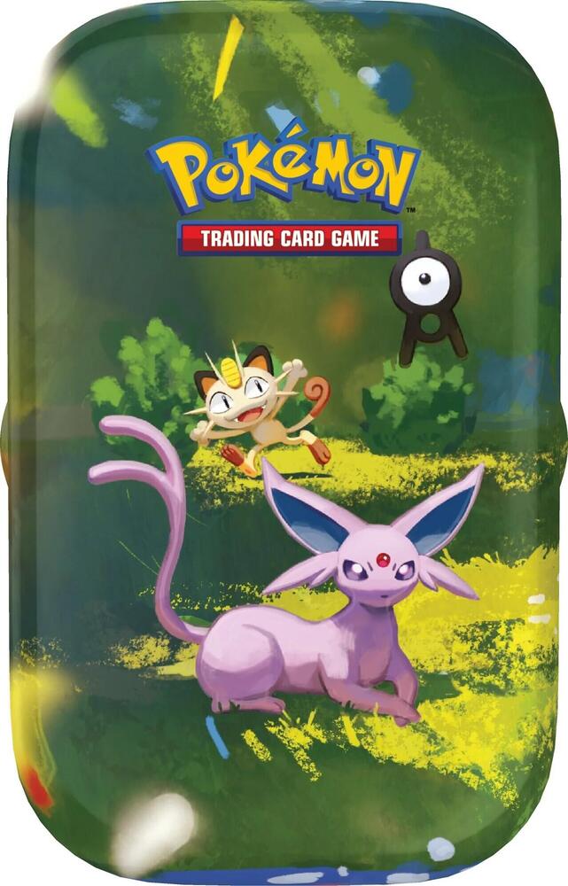 Pokemon TCG 30th Celebration Mini Tin, Espeon design, with 2 sealed booster packs, a sticker sheet and an art card