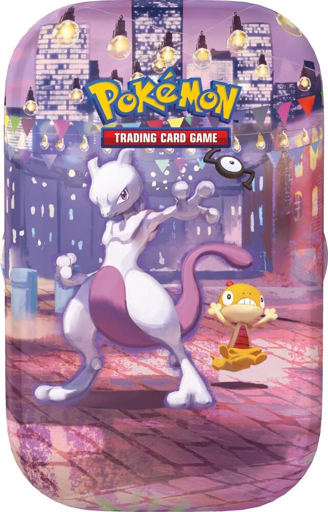 Pokemon TCG 30th Celebration Mini Tin, Mewtwo design, with 2 sealed booster packs, a sticker sheet and an art card