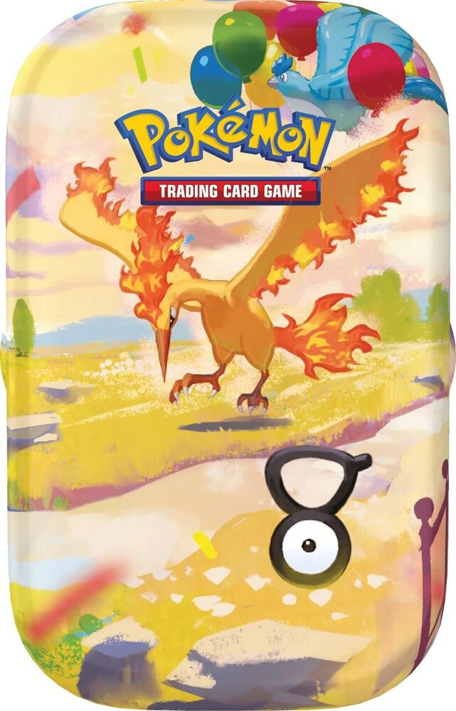 Pokemon TCG 30th Celebration Mini Tin, Moltres design, with 2 sealed booster packs, a sticker sheet and an art card