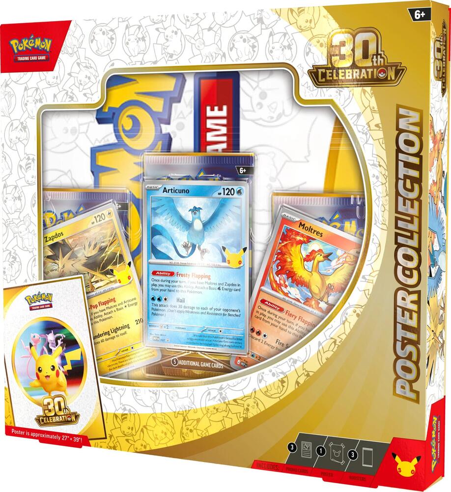 Pokemon TCG 30th Celebration Poster Collection with a commemorative poster and sealed 30th Celebration booster packs