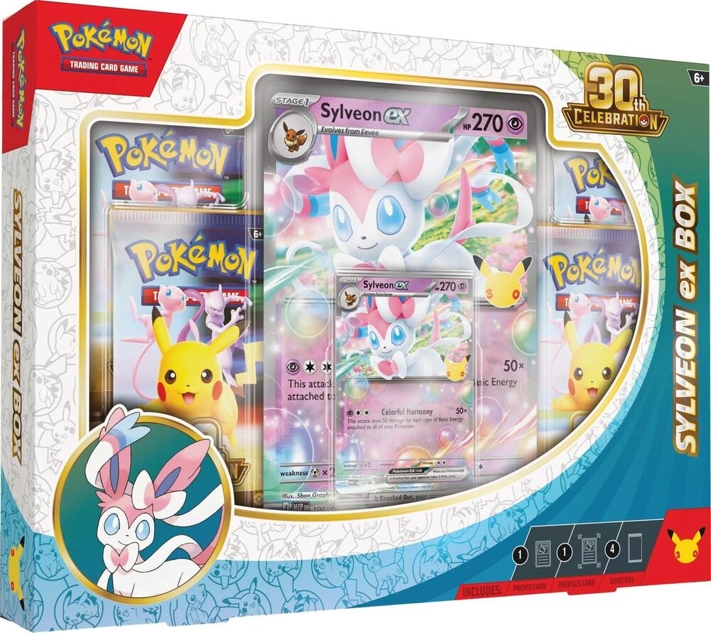 Pokemon TCG 30th Celebration Sylveon ex Box with a foil Sylveon ex card and sealed 30th Celebration booster packs