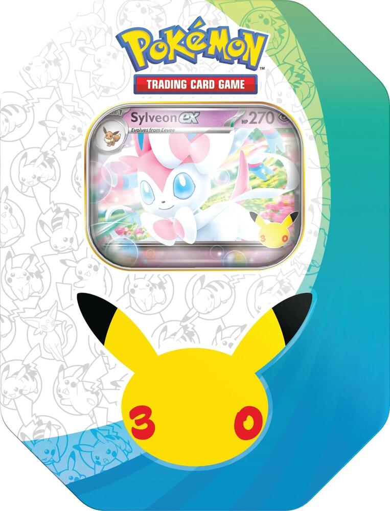 Pokemon TCG 30th Celebration Sylveon ex Tin with a foil Sylveon ex promo card and 4 sealed booster packs