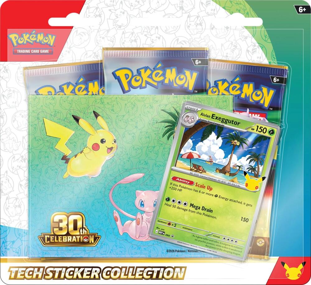 Pokemon TCG 30th Celebration Tech Sticker Collection featuring Alolan Exeggutor with a foil promo and booster packs