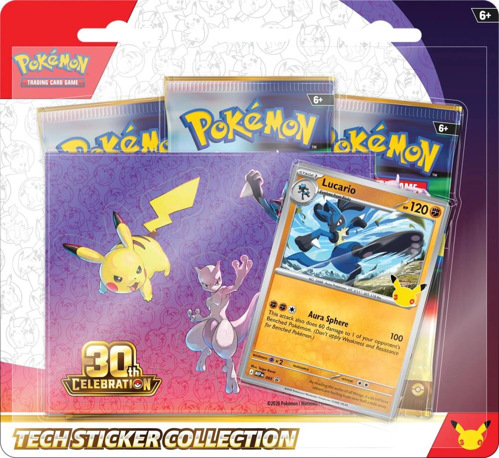 Pokemon TCG 30th Celebration Tech Sticker Collection featuring Lucario with a foil promo and sealed booster packs