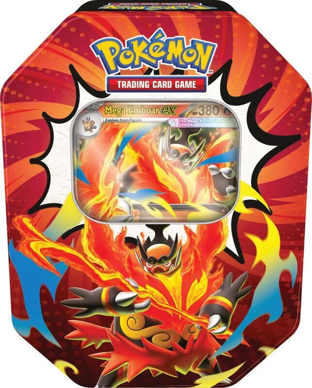 Pokemon TCG Ascended Heroes Mega Emboar EX Tin with a foil Mega Emboar promo card and 4 sealed booster packs