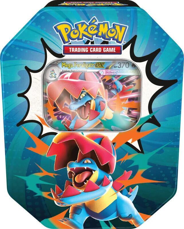 Pokemon TCG Ascended Heroes Mega Feraligatr EX Tin with a foil Mega Feraligatr promo card and 4 sealed booster packs