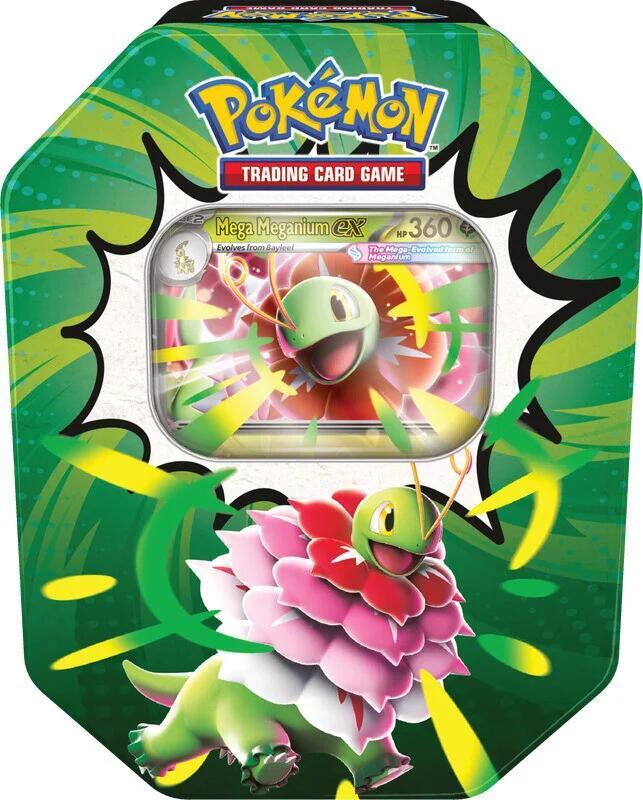 Pokemon TCG Ascended Heroes Mega Meganium EX Tin with a foil Mega Meganium promo card and 4 sealed booster packs