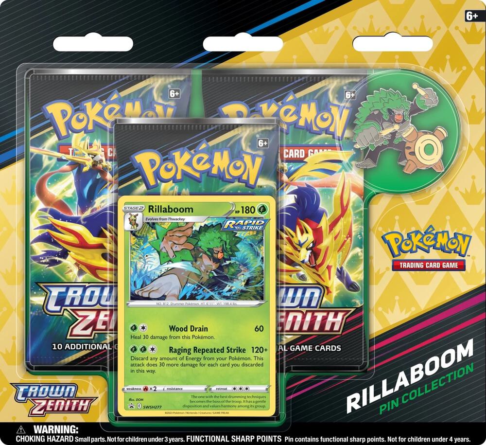 Pokemon TCG Crown Zenith Pin Collection Rillaboom 3 Pack Blister SWSH12.5 with pin and promo card