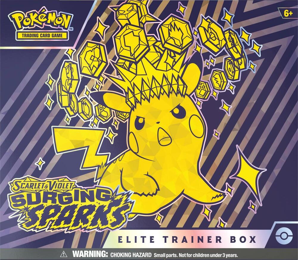 Pokemon TCG Surging Sparks SV08 Elite Trainer Box sealed with Pikachu artwork