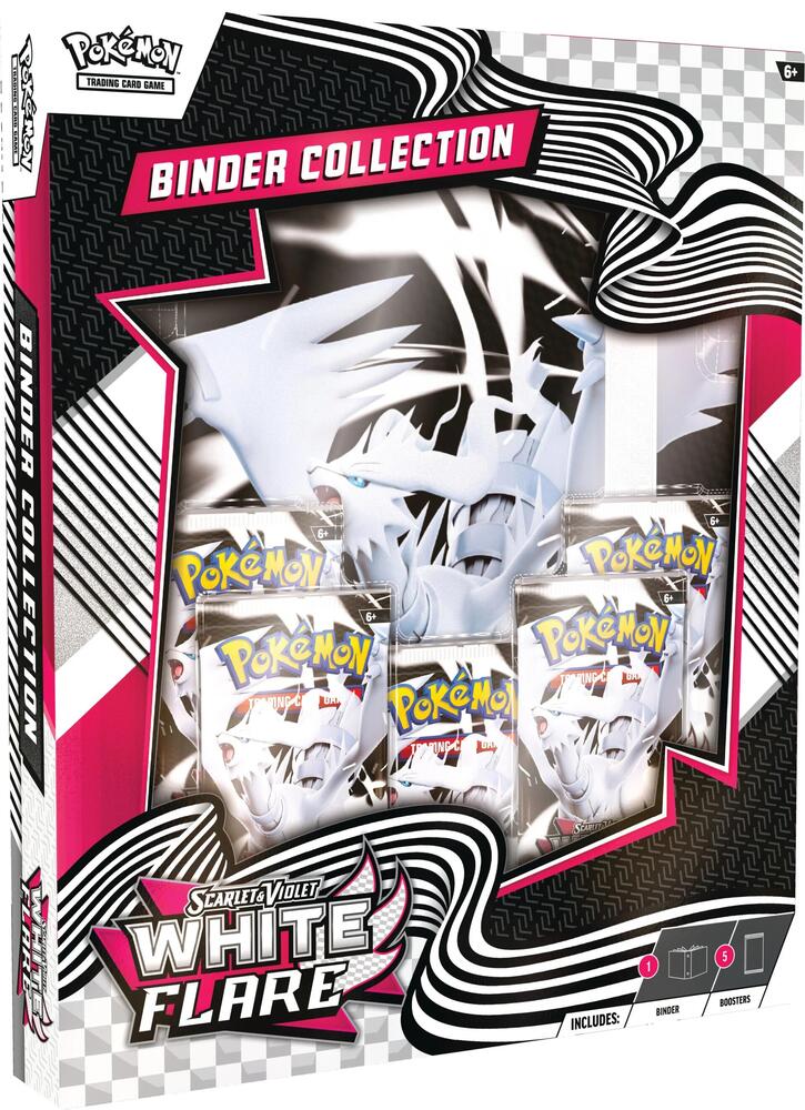 Pokemon TCG White Flare Binder Collection SV10.5 with a 9-pocket collector binder and 5 sealed booster packs